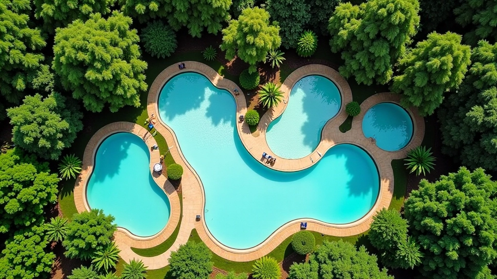 Vista aérea del parque termal mostrando diferentes zonas de agua y áreas de descanso rodeadas de vegetación verde