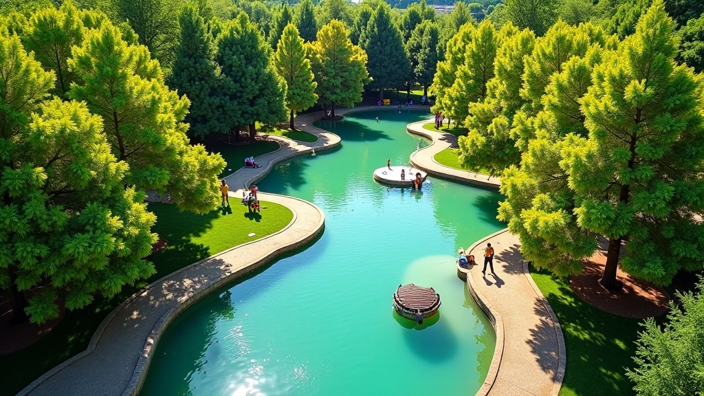 Vista panorámica del parque termal con arboleda de eucaliptos