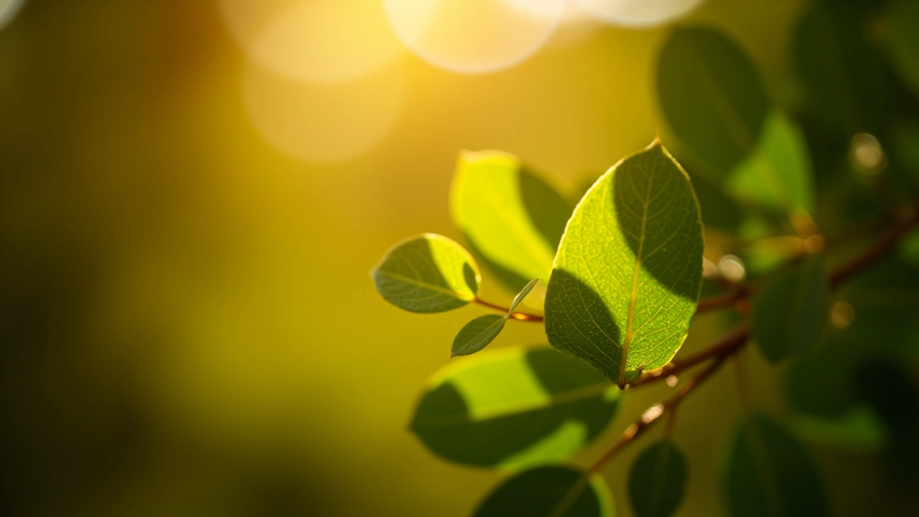 Detalle de ramas de eucalipto con luz dorada del atardecer filtrándose entre las hojas