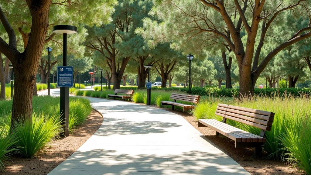 Acceso seguro al parque con caminos bien señalizados y bancos de descanso estratégicamente ubicados
